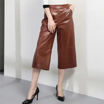 2019 Toamna iarna femei reale din piele pantaloni largi pentru femei de Moda piele de oaie de înaltă calitate, de mare talie din piele pantaloni Capri A838