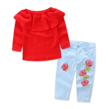 2019 Toddler Copii Fete de Pe Umăr Topuri Denim Floral Pantaloni de Blugi 2 buc Tinutele Set Haine Pulover Sunsuit