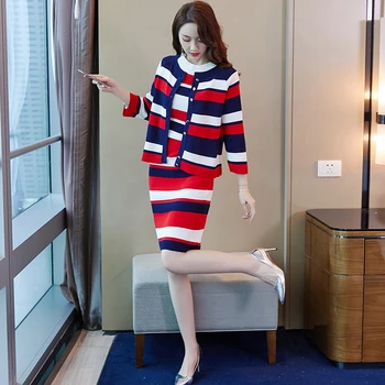 2019 Tricotate cu Dungi 3 Piese Set Femeile Single-Breasted Cardigan + Maneci Scurte Pulover de Topuri + Bodycon Fusta Costum pentru Femei Seturi