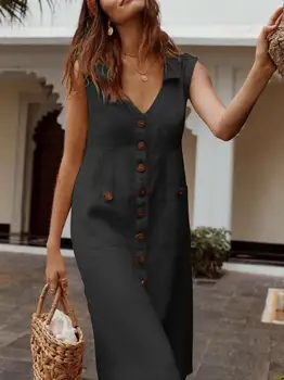 2019 Vara Butonul Stil Boho Dress V-Gât Talie Plus Dimensiune Casual Culoare Solidă Fără Mâneci V Gât Buzunare Midi Vestidos De Verano