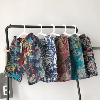 2019 Vara Noi Bărbați de Moda de tip Boutique de Moda de Imprimare Lenjerie de pat din Bumbac Casual pantaloni Scurți de Plajă / Bărbați Secțiune Subțire Casual pantaloni Scurți de Plajă