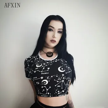 2019 Vara Rochie Neagră Femeile Club Strada Gotice Punk Se Răcească Crop Top Fără Mâneci Moon Star Print Saia Sexy Scurte Vestidos Femme