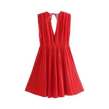 2019 Vara sexy V gât rochie mini femeile boho elegant papion fără mâneci talie elastic cutat șic O linie de rochii roșii vestidos