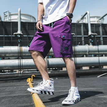2019 Vară Bărbați Stil Hip-Hop pantaloni Scurți Streetwear Mens Vintage Jogging pantaloni Scurți de sex Masculin Buzunare Mari Violet pantaloni Scurți ABZ423