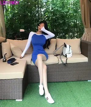 2019 versiunea coreeană de sexy wild-a lovit culoarea împletit slim slabire cu mâneci lungi sac hip rochie de bumbac