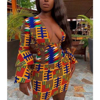 2020 Africane Rochie Femei Dashiki Imprimare Rochii pentru Femei Plus Dimensiune Îmbrăcăminte American a V-neck Sexy Mâneci Lungi Scurte Vestido Maxi