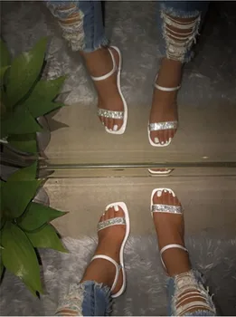 2020 Bling Pantofi De Vara Pentru Femei Stras Sandale De Cristal Papuci De Plaja Glezna-Folie Negru Plat Doamnelor În Aer Liber, Vacanță 9331