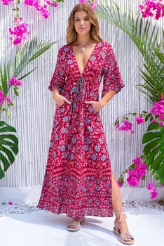 2020 BOHO ROSU imprimeu floral Flare Sleeve Side Split Rochie Adânc V gâtului Vacanță Femei Regla Talie Cordon Rochii Lungi Vestidos