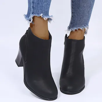 2020 Cizme de Iarna Retro Femei Sălbatice Piața din Piele Toc cu Fermoar Culoare Solidă Scurt Papuceii Rotund Toe Pantofi Femei Cizme Scurte