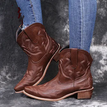 2020 Clasic Brodate Vest Cizme de Cowboy pentru Femei din Piele Fermiera Cizme Tocuri Joase Pantofi Genunchi Ridicat Cizme