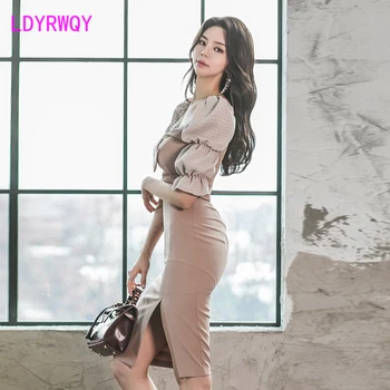 2020-coreean doamnelor sexy V-neck talie mare slim fit fashion split furculiță a fost subțire rochie Genunchi Lungime Teacă