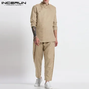 2020 Culoare Solidă pentru Bărbați Seturi de Bumbac cu Maneci Lungi Vintage Butonul Stand Guler Camasi Pantaloni Streetwear Toamna Retro Mens Seturi INCERUN