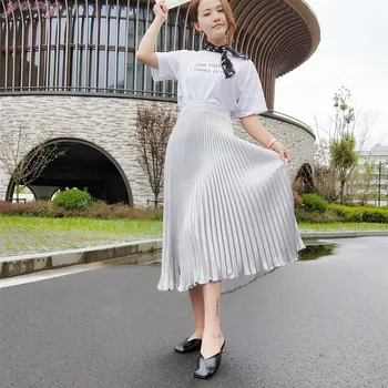 2020 Elegant Satin Fusta Lunga Cu Talie Înaltă Feminin Fuste Femei Fusta Plisata Femei Coreene Fusta Haine Femei, Plus Dimensiune Mid-Calf
