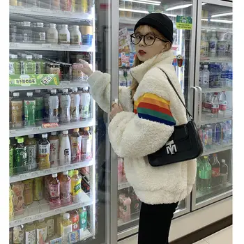 2020 Femei De Iarnă Lână De Miel Sacou De Culoare Curcubeu Cu Dungi Mozaic Maneca Lunga Cu Fermoar Îmbrăcăminte Exterioară Cald Haina Harajuku Streetwear