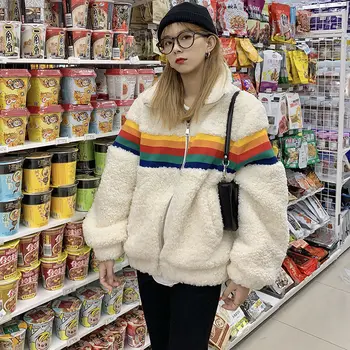 2020 Femei De Iarnă Lână De Miel Sacou De Culoare Curcubeu Cu Dungi Mozaic Maneca Lunga Cu Fermoar Îmbrăcăminte Exterioară Cald Haina Harajuku Streetwear