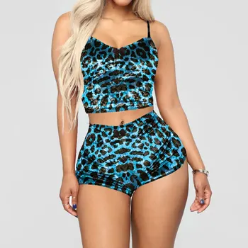 2020 Femei de Moda 2 buc Catifea Sleepwear Sexy Spaghete Curea pantaloni Scurți Set Pijama Femei Leopard de Imprimare de sex Feminin Pijamale
