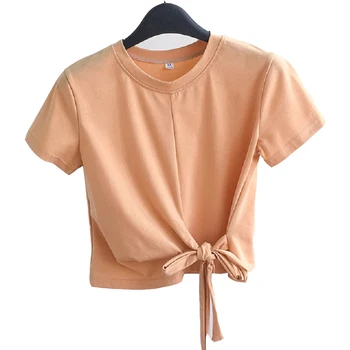 2020 Femei de Vara cu Maneci Scurte T-shirt Culoare Solidă Rotund K96 Gât Topuri Scurte Cordon Sexy si Damele de Moda Simplu