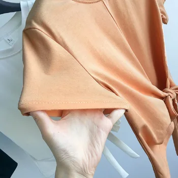 2020 Femei de Vara cu Maneci Scurte T-shirt Culoare Solidă Rotund K96 Gât Topuri Scurte Cordon Sexy si Damele de Moda Simplu