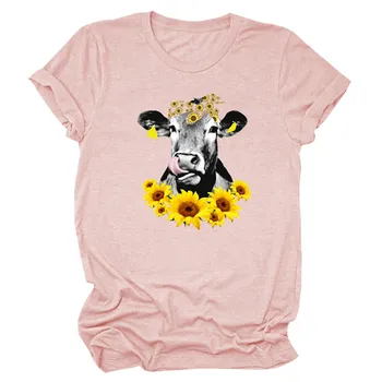2020 Femei de Vara T-Shirt, Blaturi Teuri Scurt-Maneca O-Gât Vite de Floarea-soarelui Print Tee Topuri футблка женская