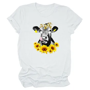 2020 Femei de Vara T-Shirt, Blaturi Teuri Scurt-Maneca O-Gât Vite de Floarea-soarelui Print Tee Topuri футблка женская