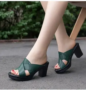 2020 femei din piele sandale toc gros, papuci femeie pene platforma pantofi de vara pompe femeie dimensiune 35--41