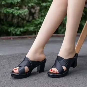 2020 femei din piele sandale toc gros, papuci femeie pene platforma pantofi de vara pompe femeie dimensiune 35--41