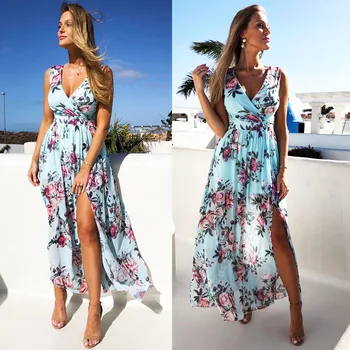 2020 Femei Rochie Șifon Boho Floral Print Long Beach V-Neck Fără Mâneci Talie Mare Petrecere De Seara, Fashion Summer Split Sundress