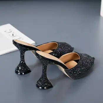 2020 Femeie Sclipici Nunta platforma papuci de casă bloc tocuri de argint, de aur catâri Paiete pânză doamna petrecere de club bling pantofi