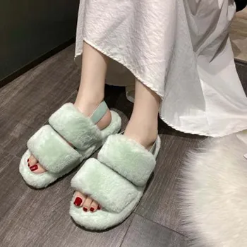 2020 iarna coreean roșu net de blană pentru Femei pantofi pentru femeie plat cuvânt cu blană papuci de moda fund gros acasă leneș papuci femei