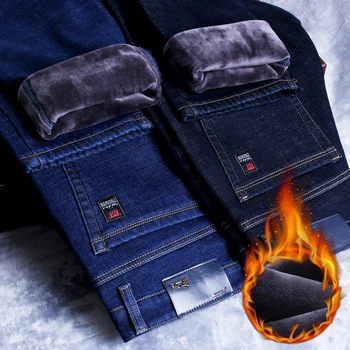 2020 Iarna Noi Bărbați Cald Slim Fit Blugi de Moda de Afaceri Îngroșa Denim Pantaloni Fleece Stretch Brand Pantaloni Albastru Negru