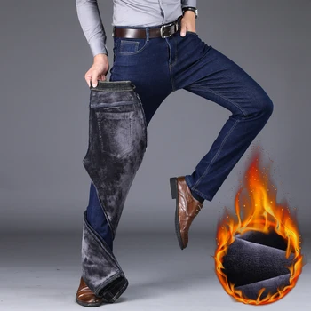 2020 Iarna Noi Bărbați Cald Slim Fit Blugi de Moda de Afaceri Îngroșa Denim Pantaloni Fleece Stretch Brand Pantaloni Albastru Negru
