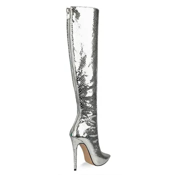 2020 iarnă Europene și Americane de moda cizme a subliniat stiletto cu toc de argint lung tub cu fermoar cizme de iarna femei