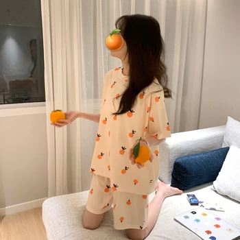 2020 Liber Casual Pijamale Drăguț de Vară Set de Pijama Pentru Femei Sudoare T-Shirt și pantaloni Scurți Fructe Portocaliu de Imprimare Fata Pijamale Homewear