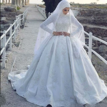 2020 Lung fără Mâneci rochii de Mireasa Musulman cu hijab Dantelă Colorate Appliqued Matura-Tren Rochii de Mireasa Vestido De Novia