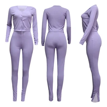 2020 Noi de Toamna pentru Femei Costum Sexy Model de Stil Solid-culoare Tricotat Culturilor Topuri & Fantă Pantaloni Europene și Americane 2 Bucata Set