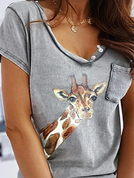 2020 Noi de Vara din Bumbac Tricou Girafa Tipărite Femei Stil Liber Tee Camasa Femei Maneca Scurta Top Tee V-Neck T-shirt 3 Culori