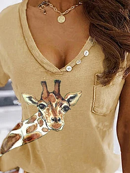 2020 Noi de Vara din Bumbac Tricou Girafa Tipărite Femei Stil Liber Tee Camasa Femei Maneca Scurta Top Tee V-Neck T-shirt 3 Culori