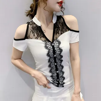 2020 Nou de vânzare de Vară coreean Haine de Moda T-shirt Mozaic Dantelă Sexy de Pe Umăr Femei Topuri Ropa Mujer Tricou de Bumbac Tees