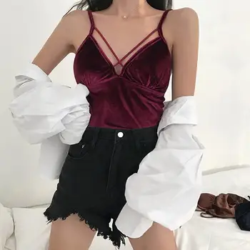 2020 Nou Primavara-Vara Moda Catifea Femei Sexy Fara Spate V-Gât Strâmt Bretele Curea Solidă Bandaj Căptușit Doamna M0304