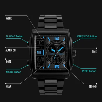 2020 Nou SKMEI de Lux Ceasuri Barbati Om Analog Cuarț Ceas Electronic Neagră de Oțel Band Dual Display rezistent la apa Ceasuri de mana