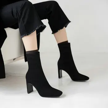 2020 nou solid de culoare simplu faux piele de căprioară femei cizme glezna stretch slim cizme de moda doamnelor pompe tocuri pantofi cizme marimea 46