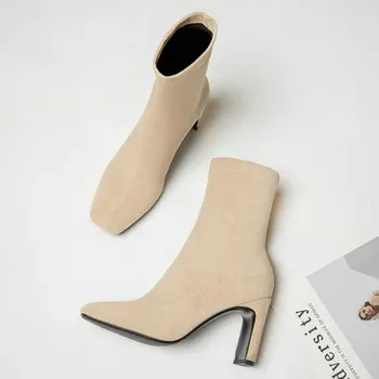 2020 nou solid de culoare simplu faux piele de căprioară femei cizme glezna stretch slim cizme de moda doamnelor pompe tocuri pantofi cizme marimea 46