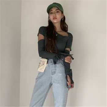2020 Nou-veniți coreean Chic T-shirt Femei O Gaură la gât cu mâneci Lungi de Bumbac, Pulovere Tunica Topuri Casual pentru Toamna Devreme