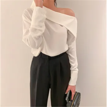 2020 Nou-veniți la Începutul Toamnei Minimalist Oblic Guler cu mâneci Lungi Solid Bluza Camasa Office Lady Pulovere Tees