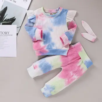 2020 Noua Moda 2 buc Baby Girl rochii pentru Toamna Tie Dye Print Seturi de Haine cu Maneci Lungi Zburli T-Shirt Bowknot Pantaloni Set