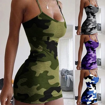 2020 Noua Moda De Vara Femei Sexy Rezervor Camis Rochie Slim Casual Camuflaj Militar O-Gât De Imprimare De Îmbinare Empire Rochii Mini Vesta