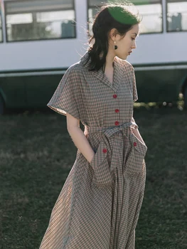 2020 noua moda de îmbrăcăminte pentru femei Guler de Turn-down Scurt Carouri rochie de Epocă rochii femei