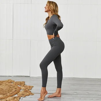 2020 Nouă Femei Cu Maneci Lungi De Sus A Culturilor Slab Yoga Pant 2 Bucati Sport Costume De Trening Sportwear Set Burtica Control Pantaloni