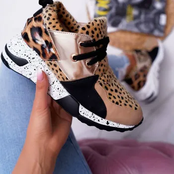 2020 Nouă Femei Pantofi Casual Respirabil Doamnelor Adidasi Leopard Print Faux Blana Adidași Dantela-up Platforma Pantofi Sport Femei
