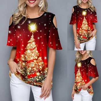 2020 Nouă Femei Tricou Casual Fashion Pomi de Crăciun Tipărite Lax Guler Rotund Maneci Scurte Tee Haine de sex Feminin de Crăciun T-shirt